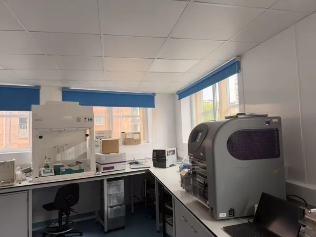 Laboratory interior with benches and equipment